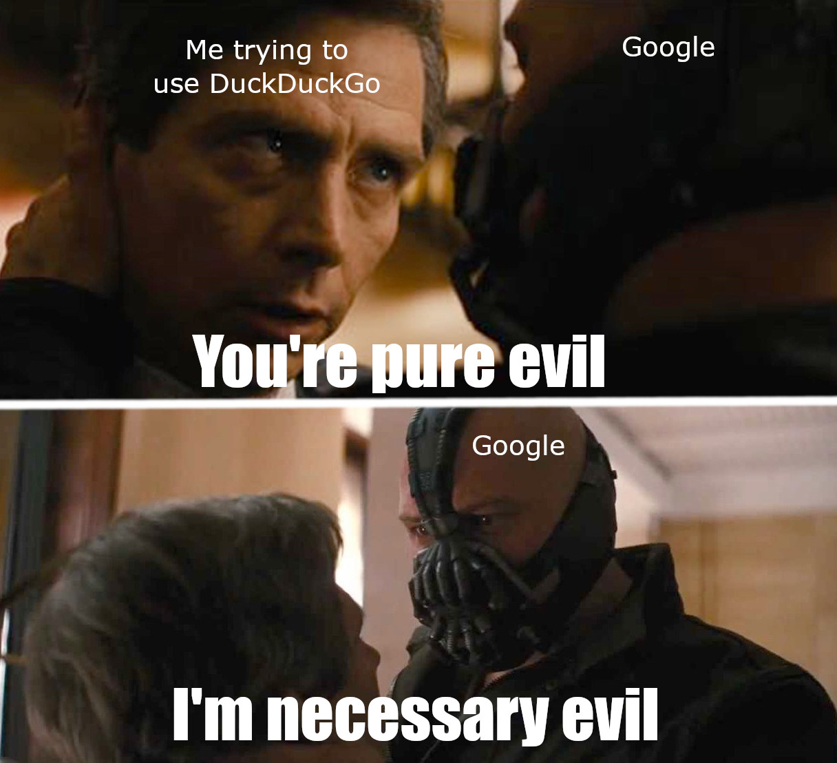 The Dark Knight Rises meme representing Google as a necessary evil.